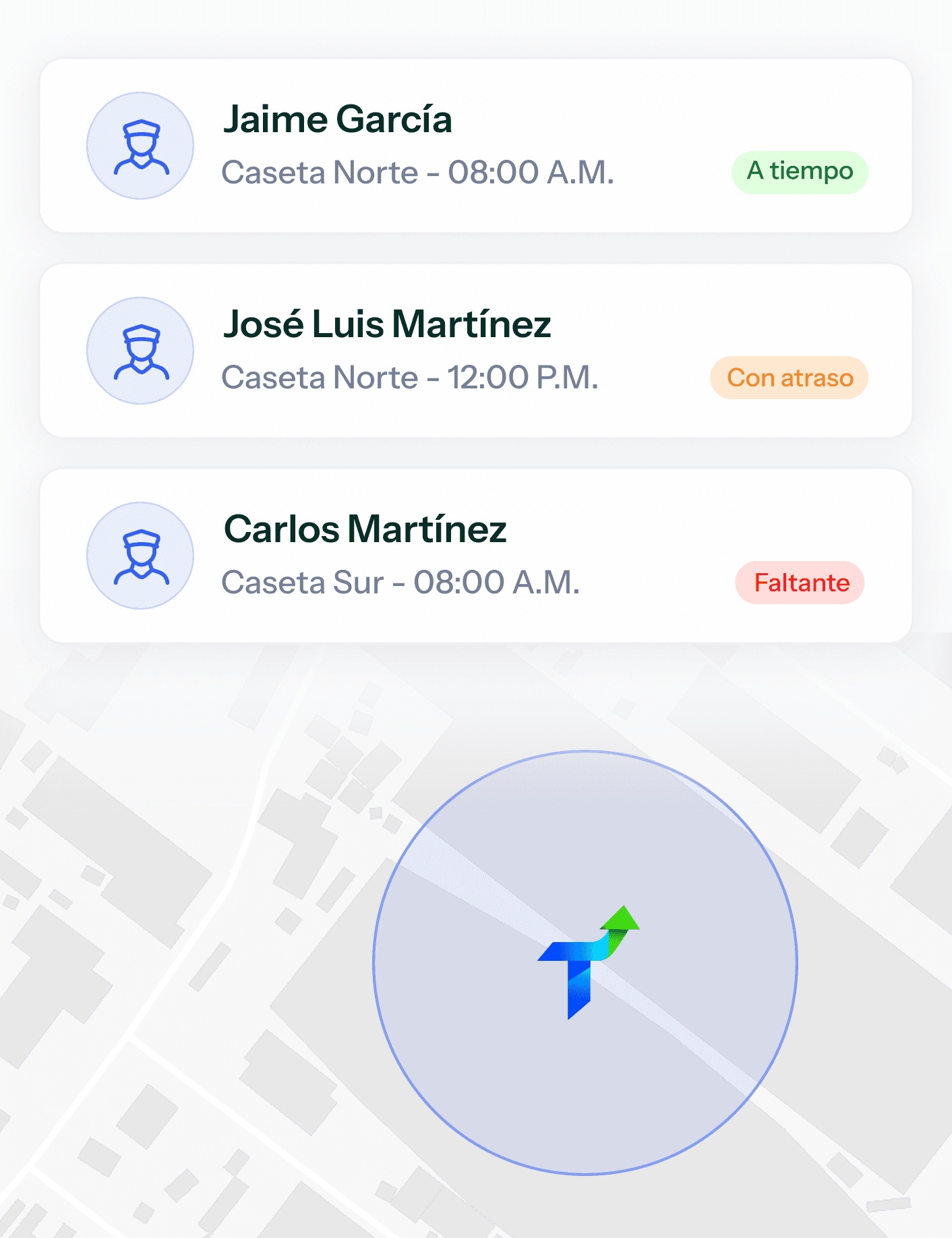 Asistencia geoverificada con elementos a tiempo, con atraso y faltantes por sitio
