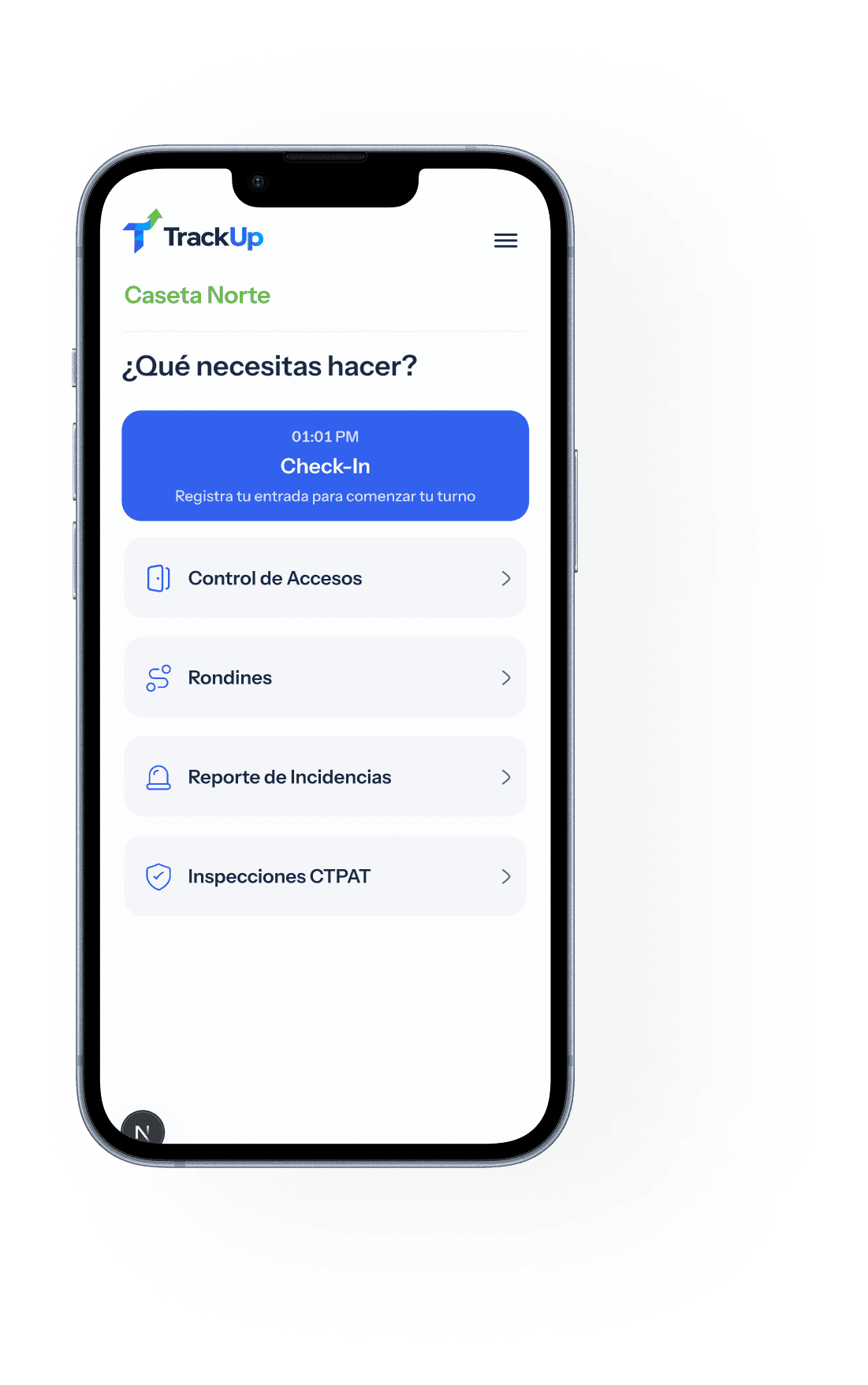 Portal de elementos de TrackUp con acceso a asistencia, accesos, rondines, incidentes e inspecciones